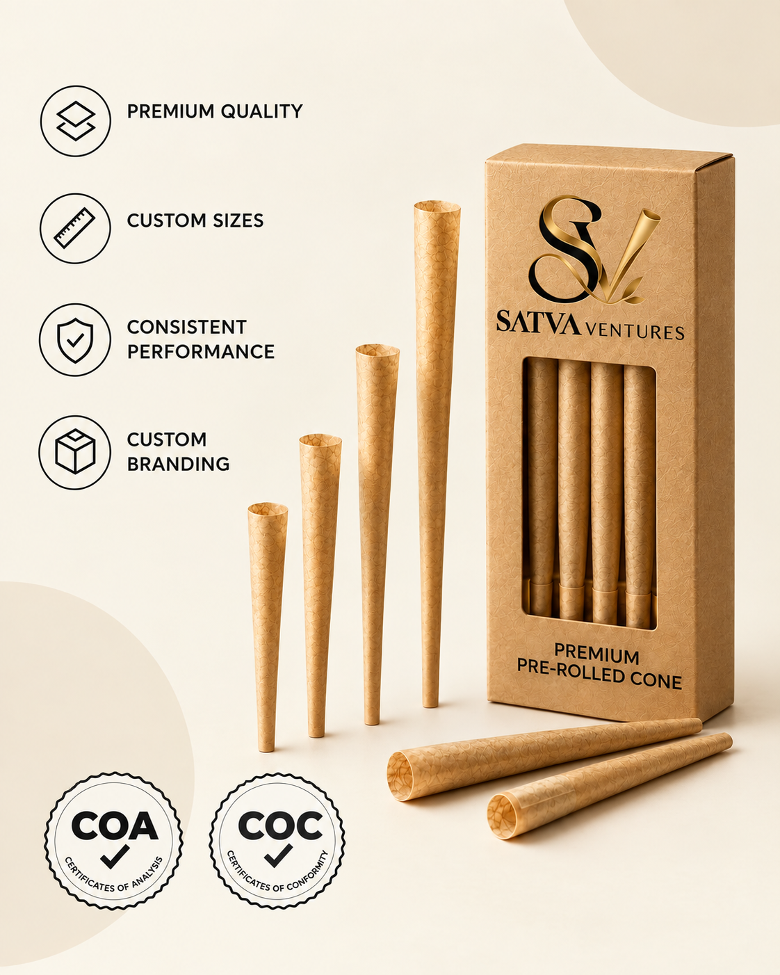 Satva Ventures premium pre-rolled cones beside a branded box